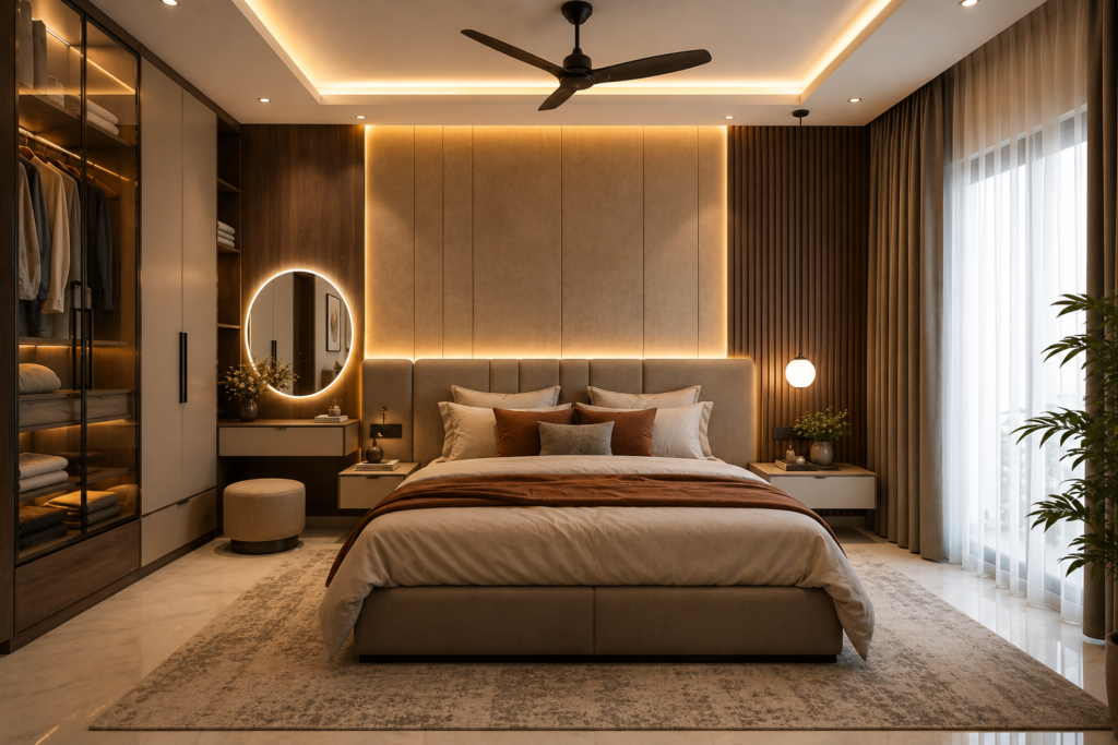 Bedroom Interior Design Hyderabad – modern luxury bedroom with customized wardrobe, elegant lighting, stylish bed, false ceiling and warm interior design