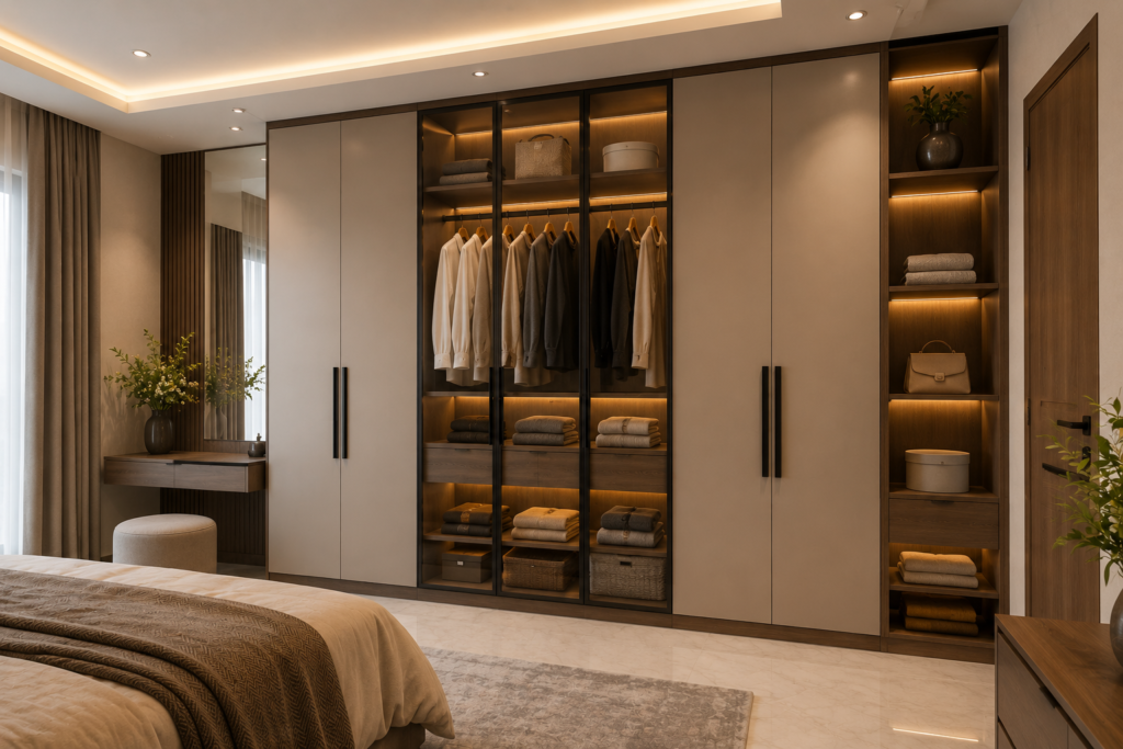 Wardrobe Design Hyderabad – modern customized bedroom wardrobe with stylish storage, sliding doors, elegant lighting and contemporary interiors
