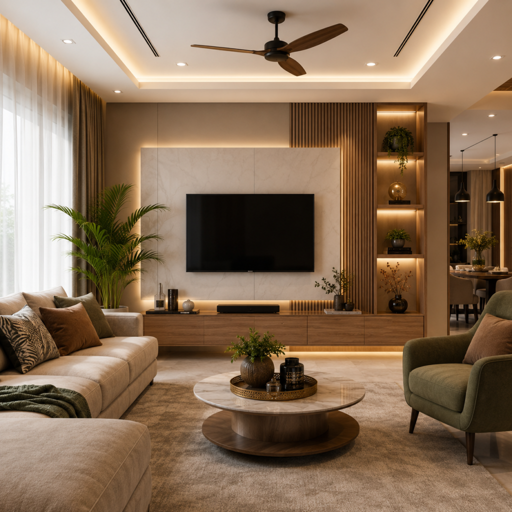 Modern living room interior design in Hyderabad with elegant furniture, warm lighting, wooden TV unit, and stylish décor.