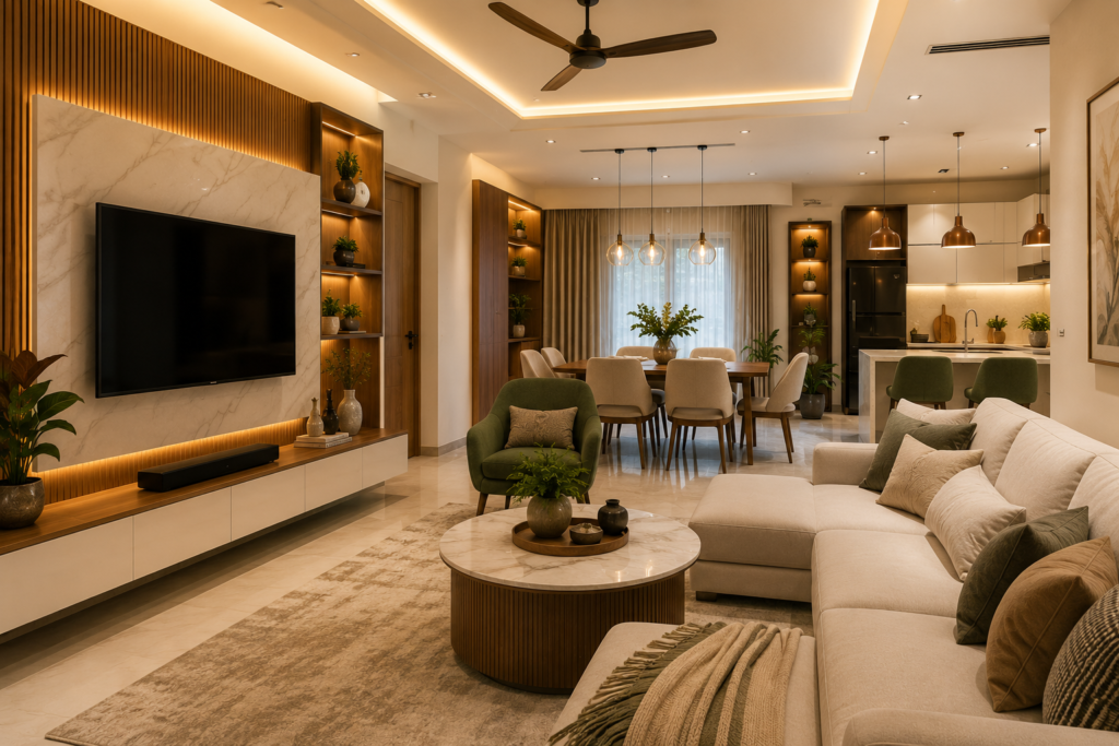 Modern home interior design in Hyderabad with stylish living room, dining area and functional space planning