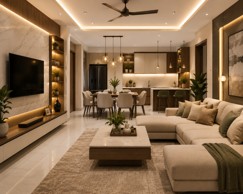 Modern home interior design ideas in Hyderabad with elegant living room and modular kitchen
