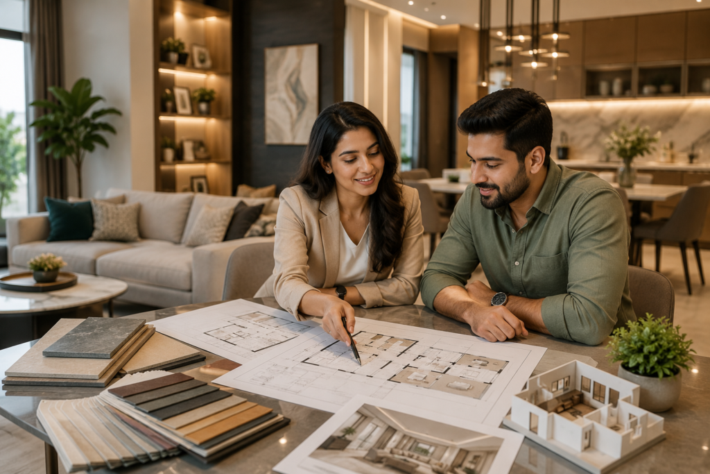 Modern interior design leads consultation with homeowners reviewing plans and material samples.