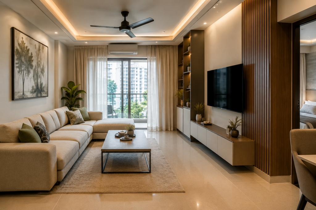 Modern 2BHK Interior Design in Hyderabad with spacious living room and smart storage.