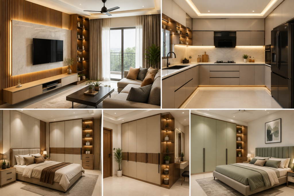 2BHK Interior Design in Hyderabad with modern living room, kitchen, and bedrooms.