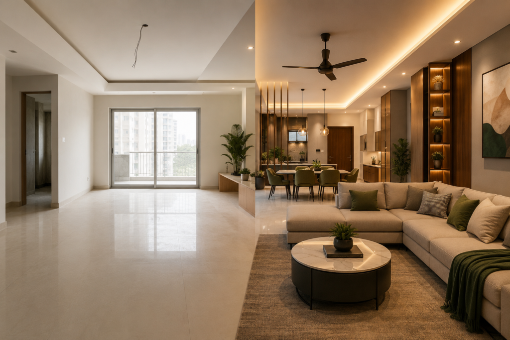 New Home Interiors Hyderabad with modern living room and warm lighting.