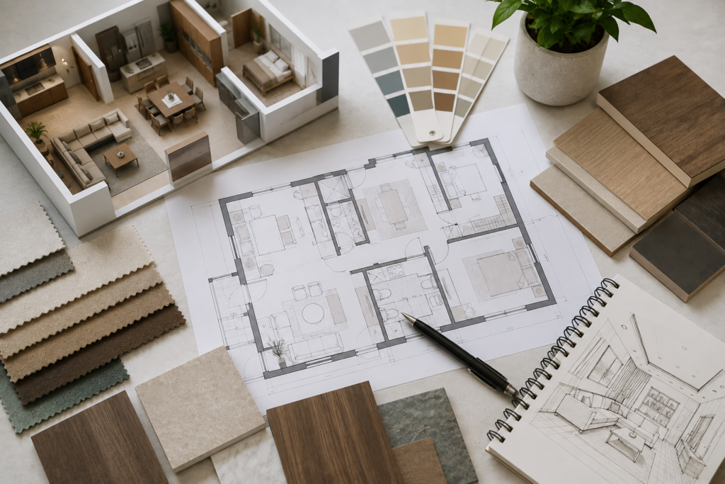 Home Interiors Hyderabad planning with floor plan and material samples.