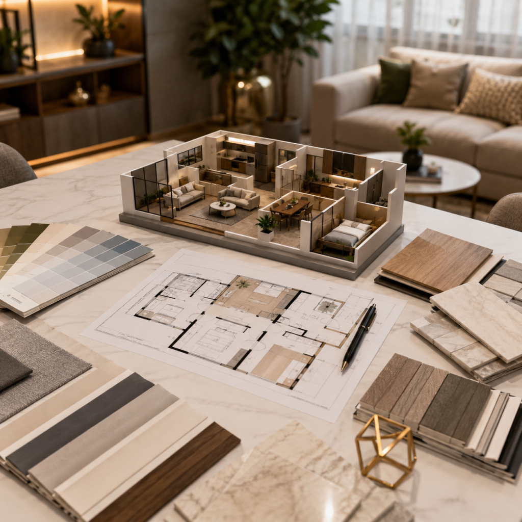 Residential Interior Design Hyderabad planning with floor plan, materials, and modern living room.