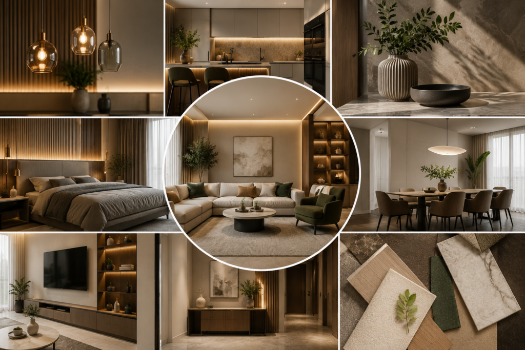 Premium Home Design Hyderabad featuring a warm modern living room, elegant bedroom, modular kitchen, dining area, layered lighting, natural wood textures, and sophisticated neutral interiors.