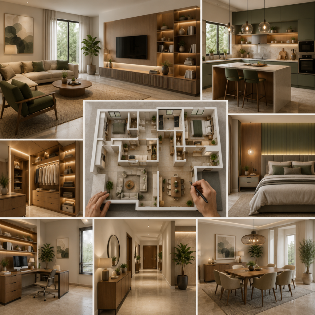 Residential Interior Planning Hyderabad featuring a modern living room, modular kitchen, bedroom, wardrobe, dining area, home office and thoughtfully planned floor layout with warm wood finishes and natural lighting.