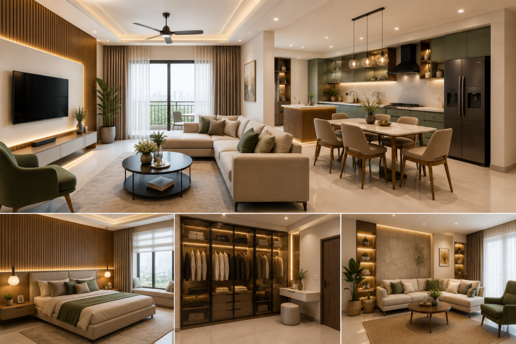 Modern home interior design ideas in Hyderabad homes – stylish living room, modular kitchen and elegant bedroom interiors