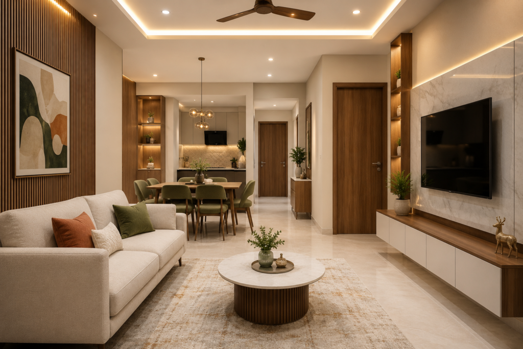 2BHK Interior Design Hyderabad – modern apartment living room with stylish TV unit, dining area, modular kitchen and warm lighting.