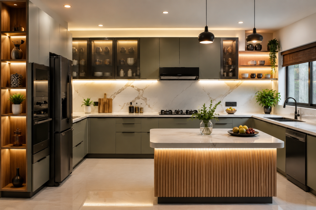 Modular Kitchen Design Hyderabad featuring a modern luxury kitchen with customized cabinets, smart storage, premium finishes, and elegant lighting.