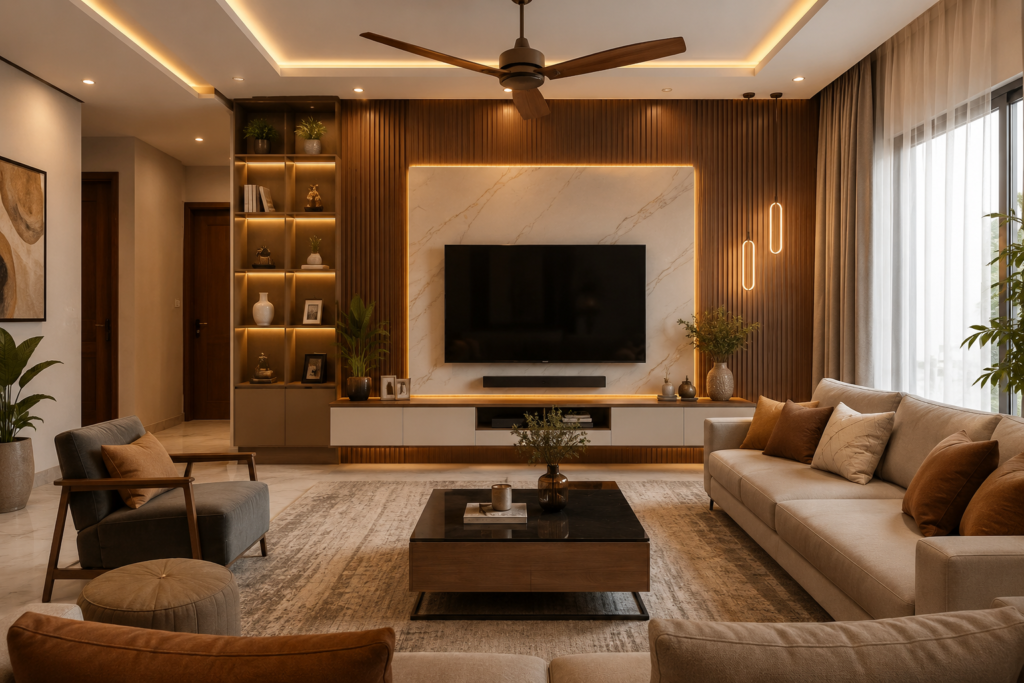 Living Room Interior Design Hyderabad – modern living room with elegant TV unit, false ceiling, stylish furniture, and warm lighting
