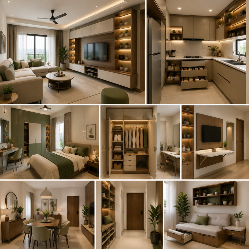 Space-Saving Interior Design Ideas for modern Hyderabad homes featuring a stylish living room, modular kitchen, bedroom, smart storage, dining area and functional built-in interiors.
