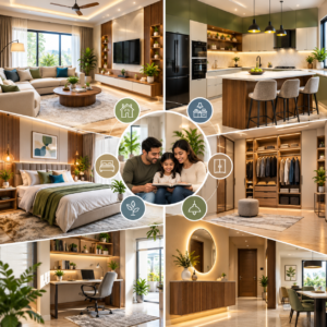 Lifestyle-Centred Home Interiors featuring a modern living room, modular kitchen, elegant bedroom, smart storage and warm contemporary design.