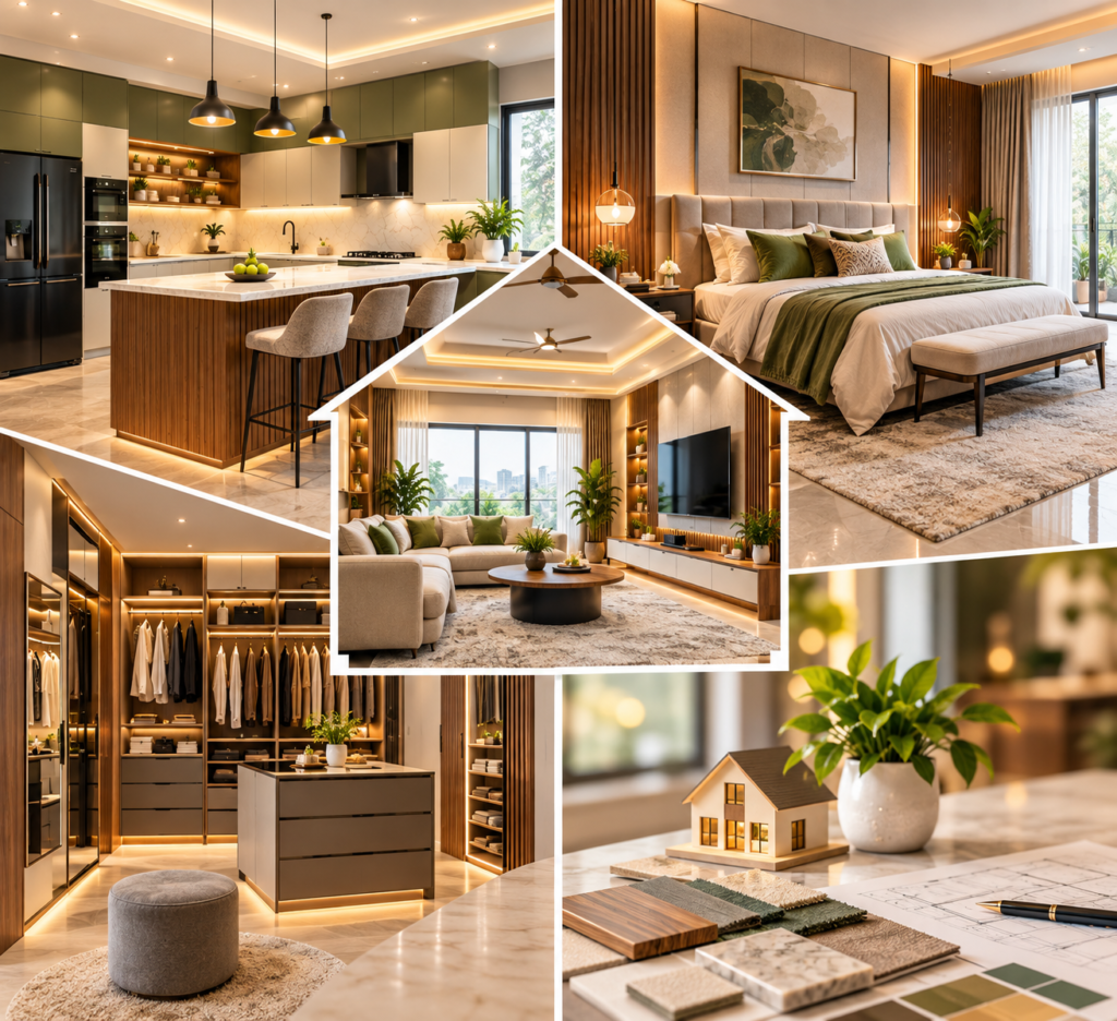 Functional Luxury Home Interiors featuring a modern living room, premium modular kitchen, elegant bedroom, custom walk-in wardrobe, warm lighting, natural wood finishes and sophisticated home styling.
