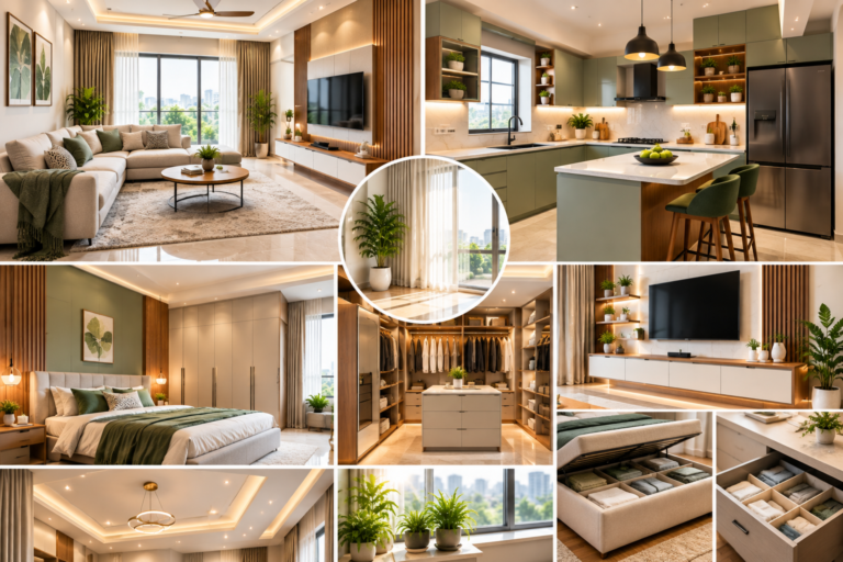 Smart Interior Design for Hyderabad Homes featuring a modern living room, modular kitchen, customized storage, elegant bedroom, natural lighting and space-saving furniture.