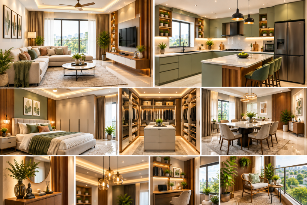 Elegant Home Interiors Hyderabad Homes featuring a modern living room, modular kitchen, customized storage, elegant bedroom, natural lighting and space-saving furniture.
