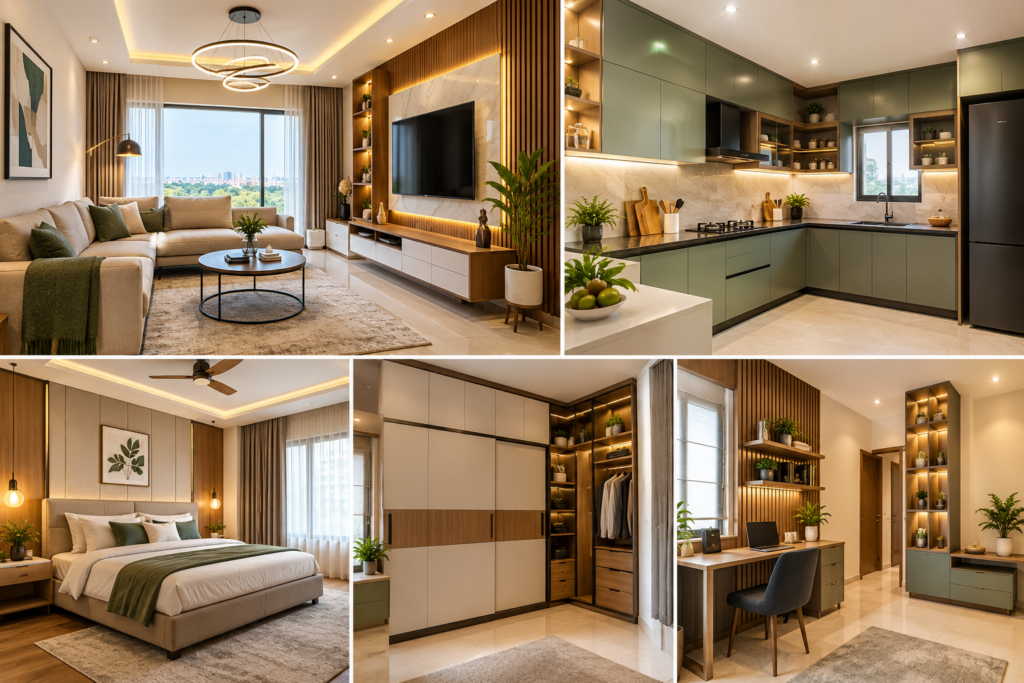 Explore Modern Residential Interiors Hyderabad with smart ideas for living rooms, modular kitchens, bedrooms, storage, lighting and personalized home design.