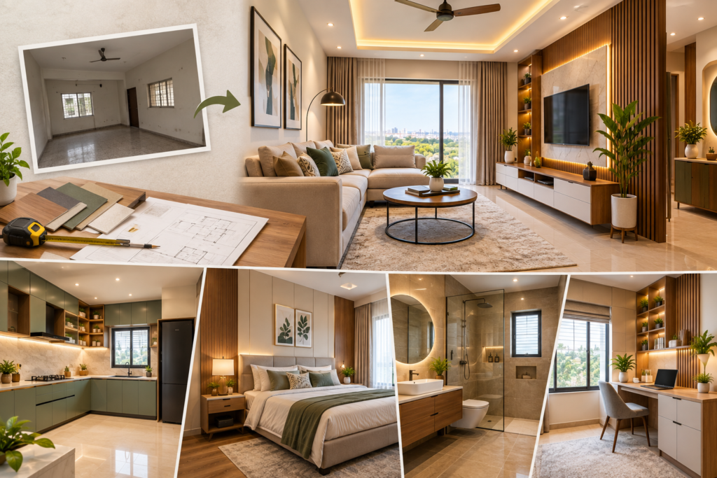 Home Renovation Design Hyderabad featuring a modern living room, upgraded modular kitchen, customized wardrobes, stylish bedroom, smart storage and layered lighting.