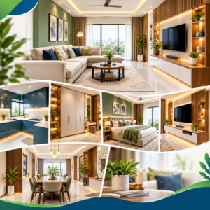 Stylish Home Design Hyderabad featuring a modern living room, upgraded modular kitchen, customized wardrobes, stylish bedroom, smart storage and layered lighting.