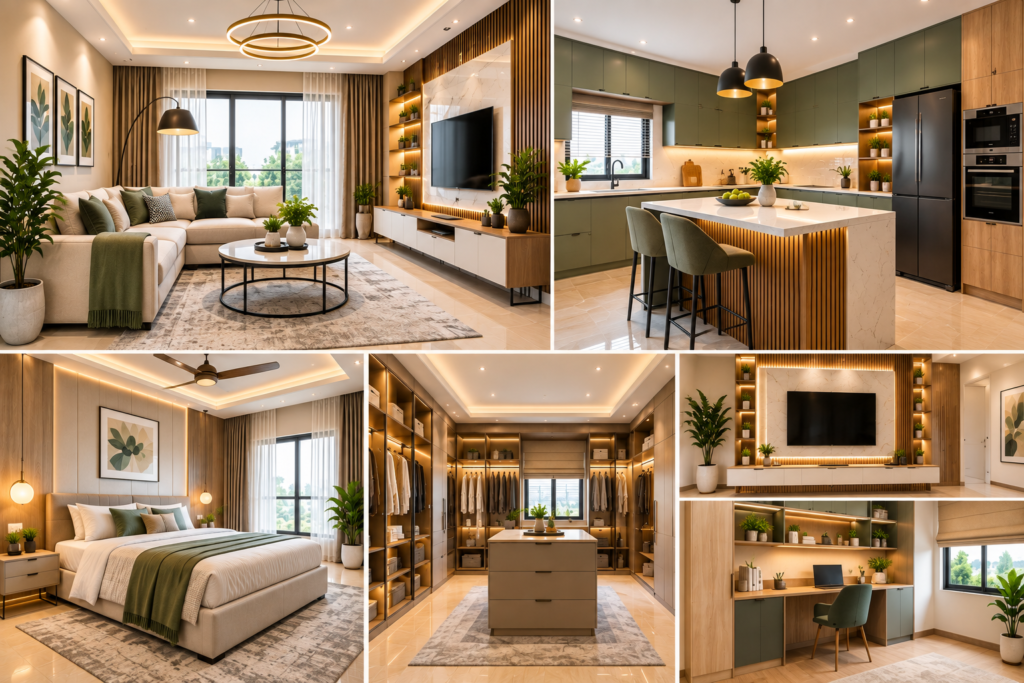 Contemporary Home Design Hyderabad featuring a modern living room, modular kitchen, elegant bedroom, customized wardrobes, smart storage and layered lighting.