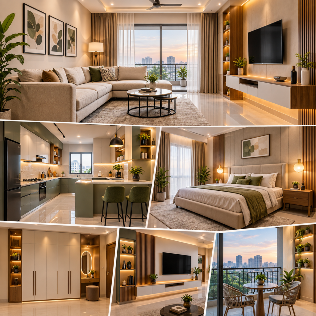 Modern Apartment Interiors Hyderabad featuring a stylish living room, modular kitchen, contemporary bedroom, custom wardrobe, TV unit and balcony