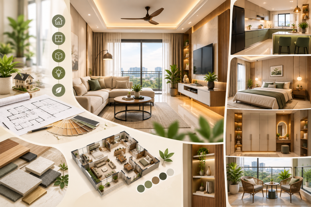 Smart Home Interior Planning Hyderabad featuring a modern living room, modular kitchen, bedroom, custom wardrobes, smart storage and thoughtful space planning