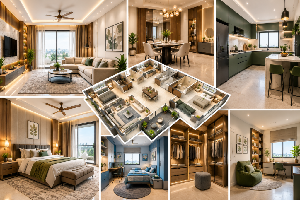 3BHK Interior Design Hyderabad featuring a modern living room, modular kitchen, stylish bedrooms, custom wardrobes, smart storage and layered lighting