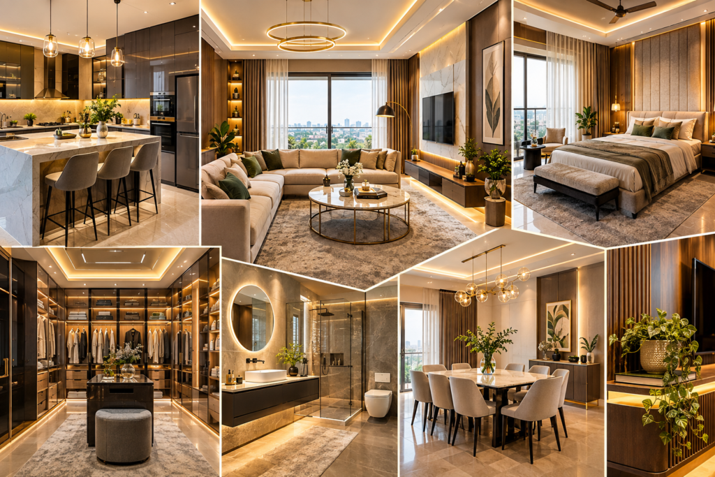 Luxury Interior Design Hyderabad featuring an elegant living room, premium modular kitchen, stylish bedroom, custom wardrobes and layered lighting.
