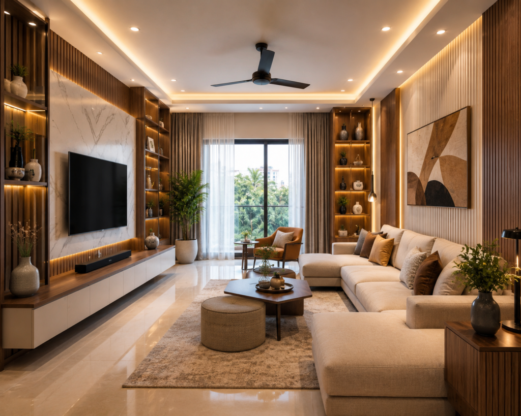 Modern Living Room Design Hyderabad featuring an elegant sofa, customized TV unit, wooden accents, smart storage, layered lighting and contemporary décor.
