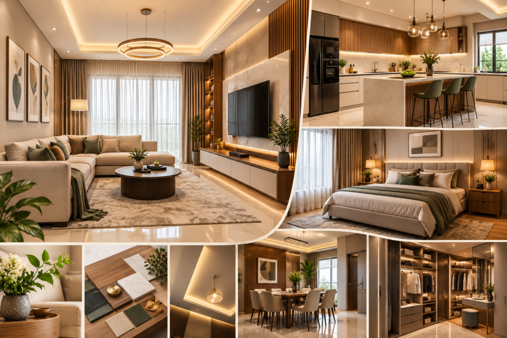 Bespoke Home Interiors Hyderabad featuring a modern living room, modular kitchen, elegant bedroom, custom wardrobe, dining area and personalized interior details.