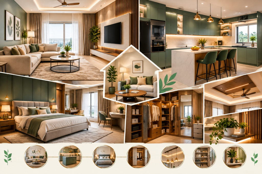 Interior Design Ideas for Hyderabad Homes featuring a modern living room, modular kitchen, stylish bedroom, custom wardrobes, smart storage and layered lighting.