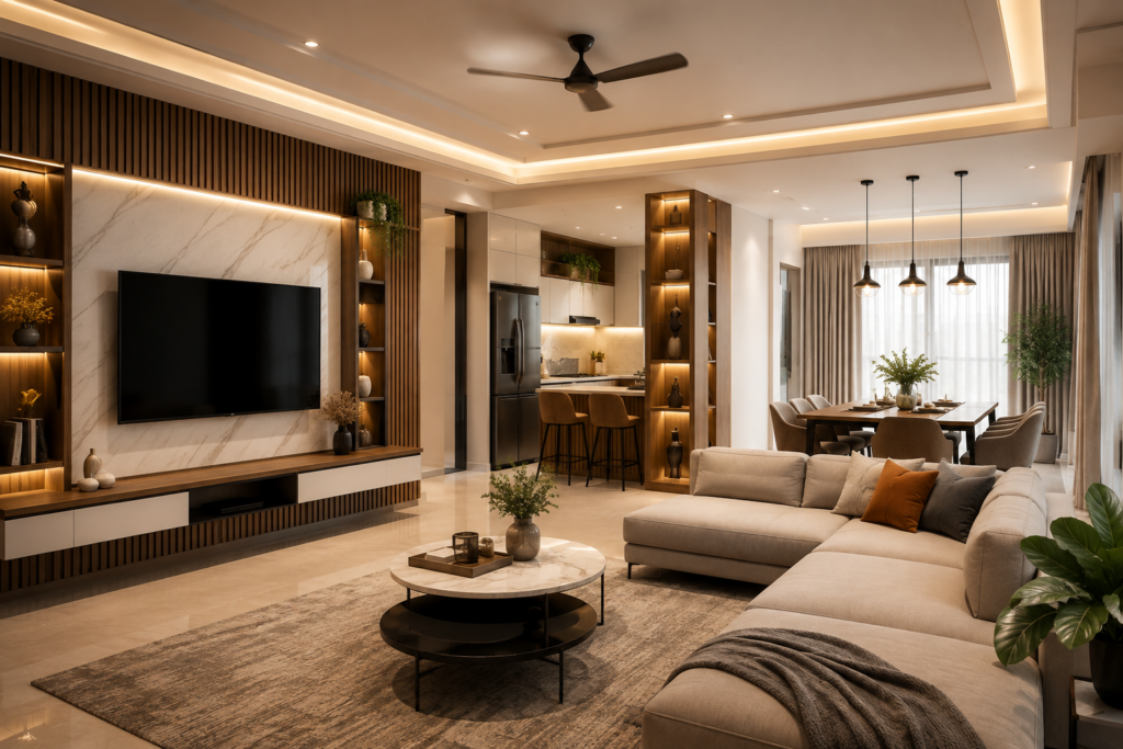 Custom Home Interiors Hyderabad featuring a modern living room, modular kitchen, dining area, smart storage, warm lighting and elegant contemporary interiors.