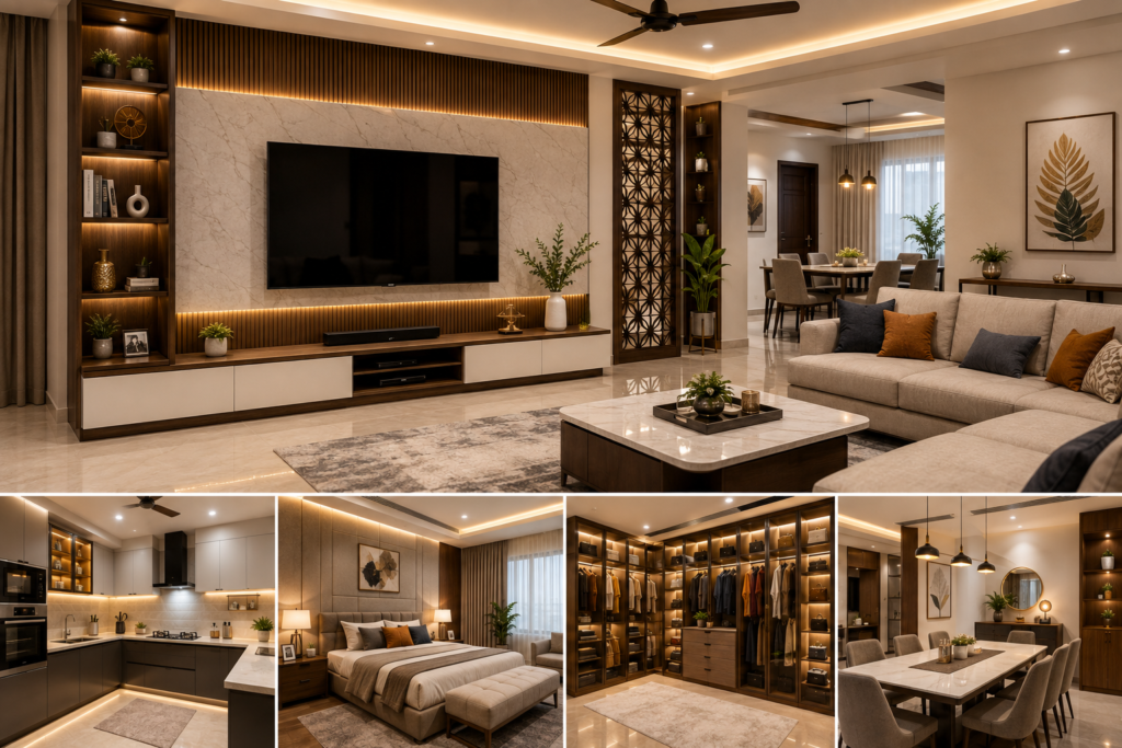 Home Interior Solutions Hyderabad featuring a modern living room, modular kitchen, stylish bedroom, custom wardrobes, smart storage and elegant lighting.