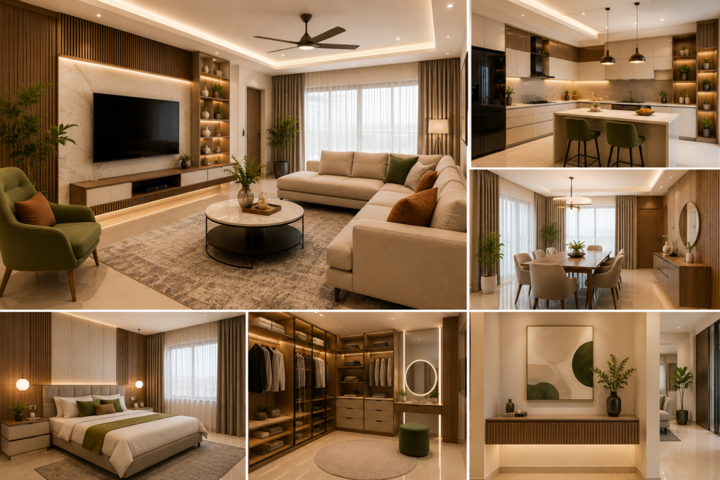 Modern home interior ideas featuring stylish living spaces, smart storage, warm lighting and personalized décor