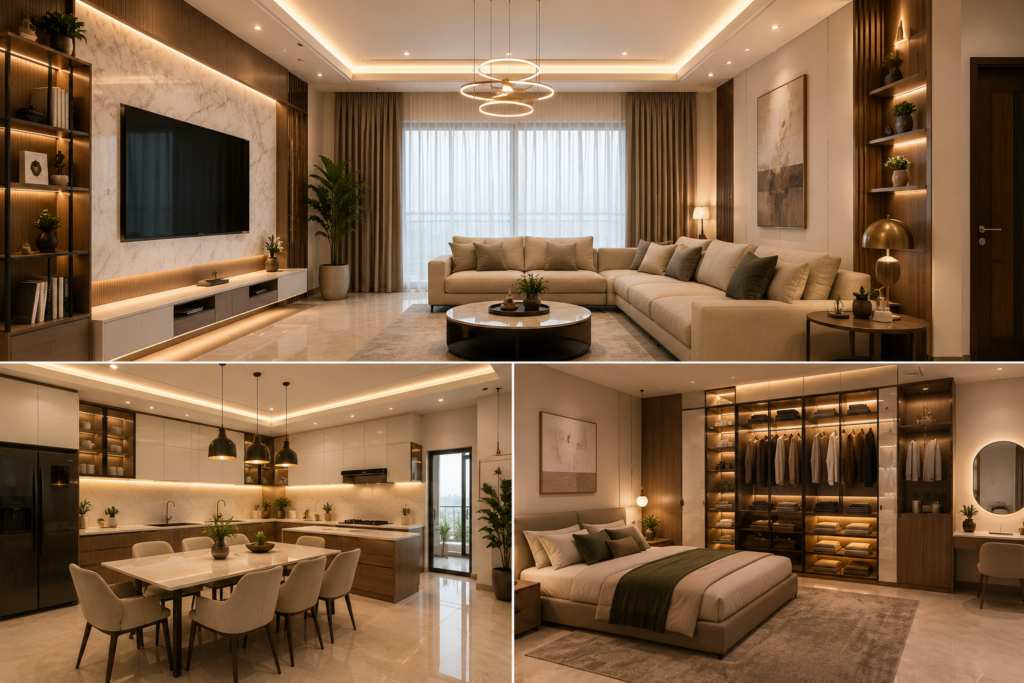 Residential Interior Design Ideas featuring an elegant living room, modern kitchen, comfortable bedroom and smart storage