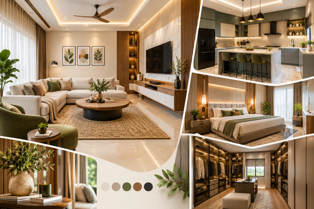Modern home interiors Hyderabad with elegant living room, modular kitchen and stylish bedroom design