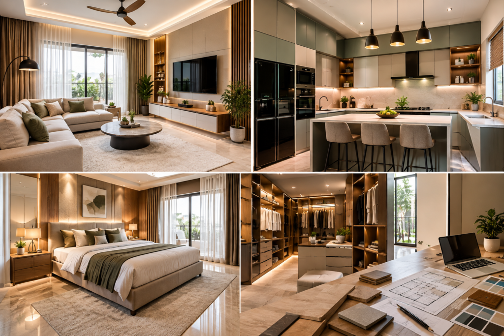 Stylish home interior solutions featuring an elegant living room, modern kitchen and comfortable bedroom