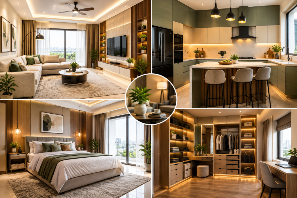 Modern home interior ideas hyderabad featuring an elegant living room, modular kitchen, stylish bedroom.