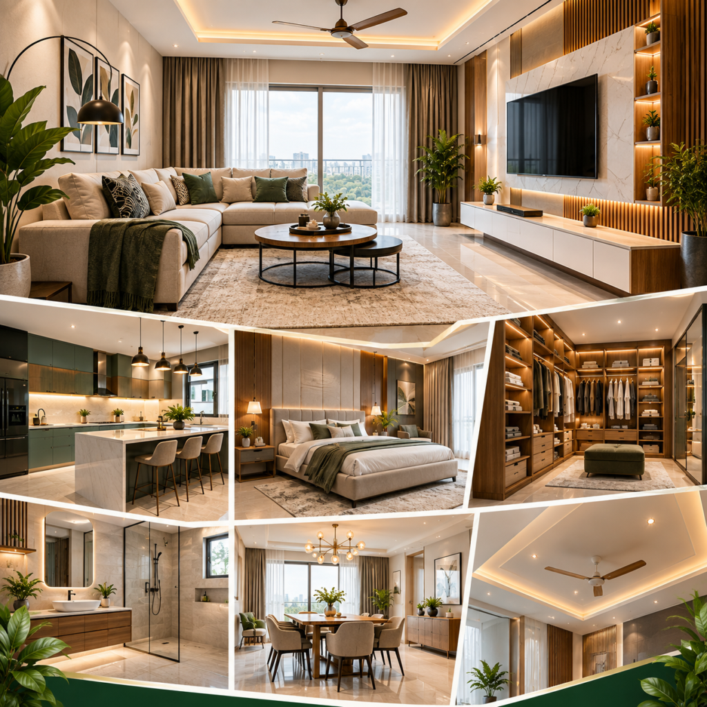 Modern Residential Interiors Hyderabad featuring a stylish living room, modular kitchen, elegant bedroom, custom wardrobe, dining area and layered lighting.