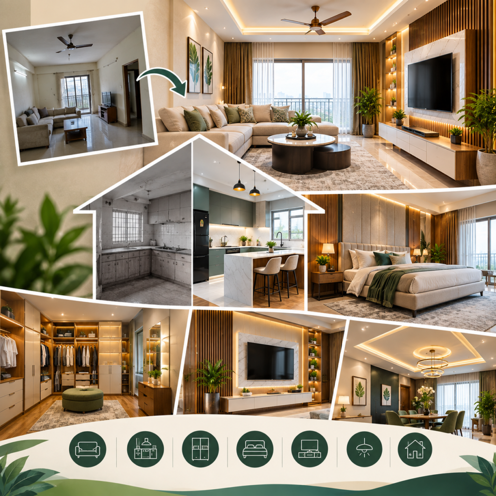 Home Makeover Ideas Hyderabad featuring a modern living room, modular kitchen, elegant bedroom, custom wardrobes, stylish TV unit and smart lighting.