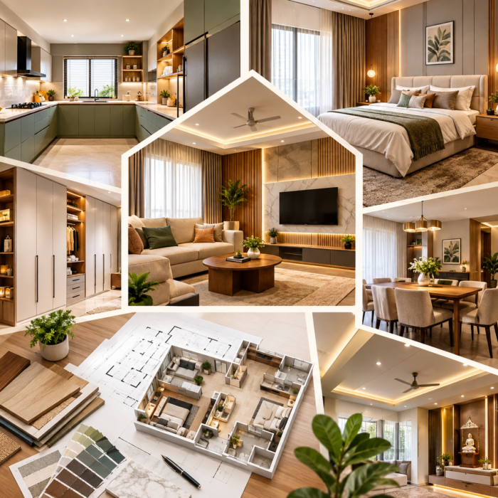 Residential Interior Makeover Hyderabad featuring a stylish living room, modern modular kitchen, elegant bedroom, custom wardrobes, furniture and layered lighting.