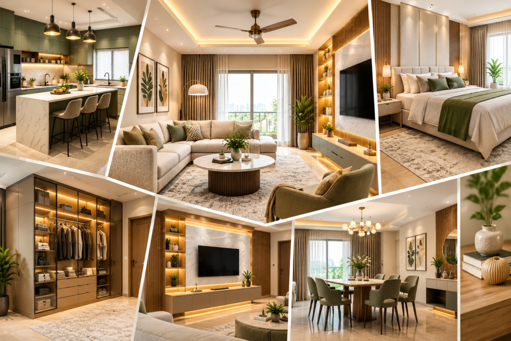 Elegant Home Interiors Hyderabad featuring a sophisticated living room, modern modular kitchen, relaxing bedroom, custom wardrobes, stylish furniture and layered lighting.