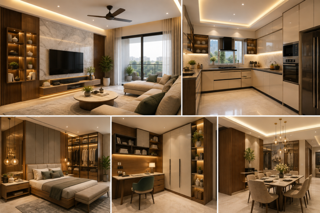 Premium Home Interior Solutions Hyderabad featuring an elegant living room, modular kitchen, stylish bedroom, custom wardrobe, TV unit and layered lighting.