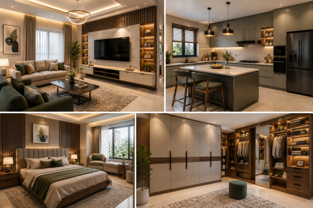 Personalized Home Interior Design Hyderabad featuring a stylish living room, modular kitchen, relaxing bedroom, custom wardrobes and thoughtful décor.