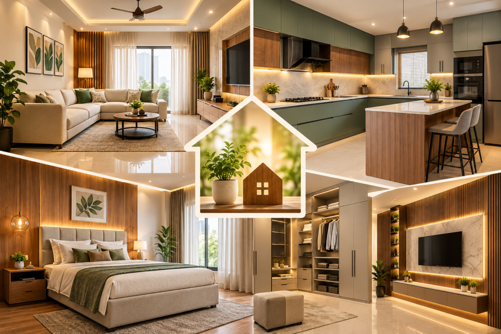 Customized home interiors in Hyderabad featuring a modern living room, modular kitchen, elegant bedroom and custom wardrobes.