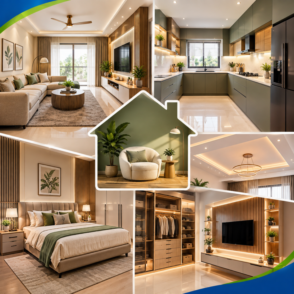 Customized Home Interiors Hyderabad featuring a modern living room, modular kitchen, custom wardrobes and elegant lighting.