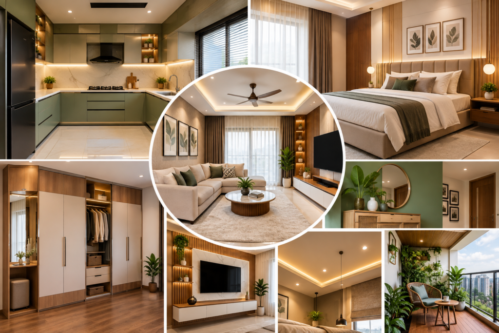 Dream Home Interior Design Hyderabad featuring a modern living room, modular kitchen, customized wardrobes and elegant bedroom interiors.