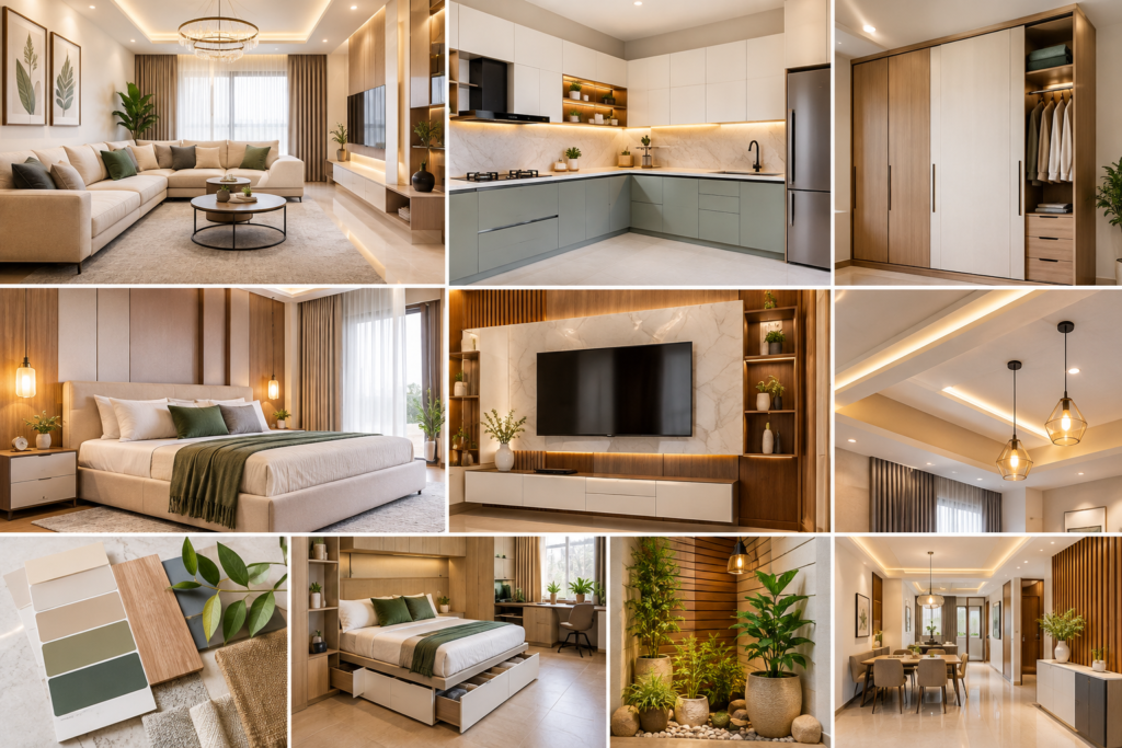 - Beautiful Home Interior Design Hyderabad featuring a modern living room, modular kitchen, customized wardrobes and elegant bedroom interiors.